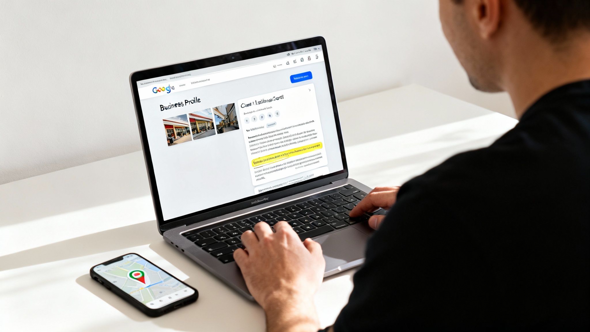 Person managing a Google Business Profile on a laptop, with a smartphone showing a location map.