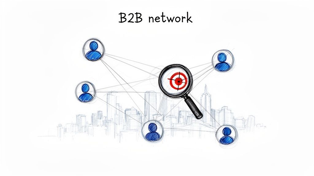 Sketch of a B2B network with connected user icons, city buildings, and a magnifying glass targeting a lead.