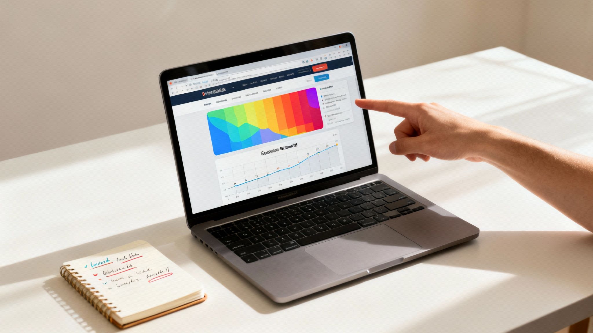 A person conducting a UX audit on a laptop, surrounded by user flow diagrams and sticky notes.