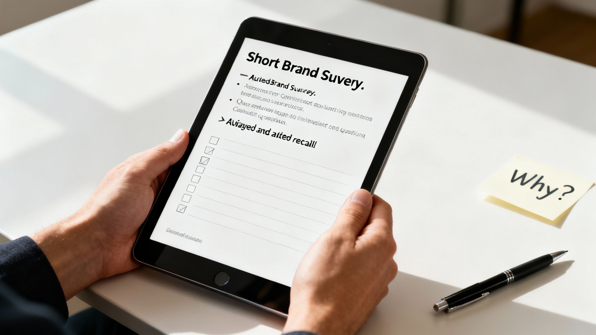 A person holds a tablet displaying a 'Short Brand Survey', with a 'Why?' sticky note and pen on a white desk.