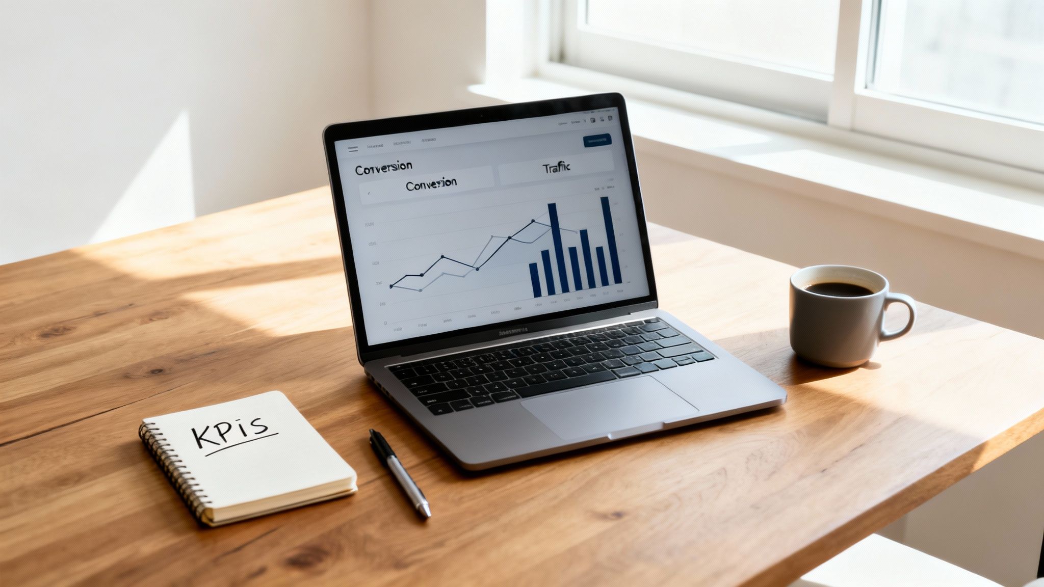 Laptop displaying conversion and traffic data, a KPIs notebook, and coffee on a sunny wooden desk.