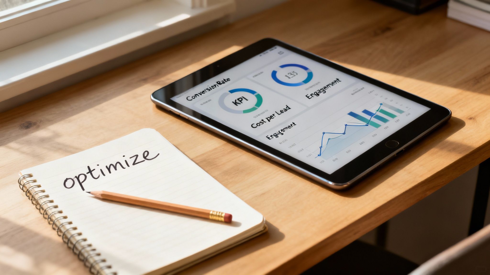 Tablet displaying business analytics and graphs on a wooden desk next to a notebook with 'optimize' written.