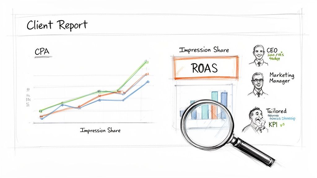 A sketch of a client report showing CPA, ROAS, Impression Share graphs, and key stakeholders.