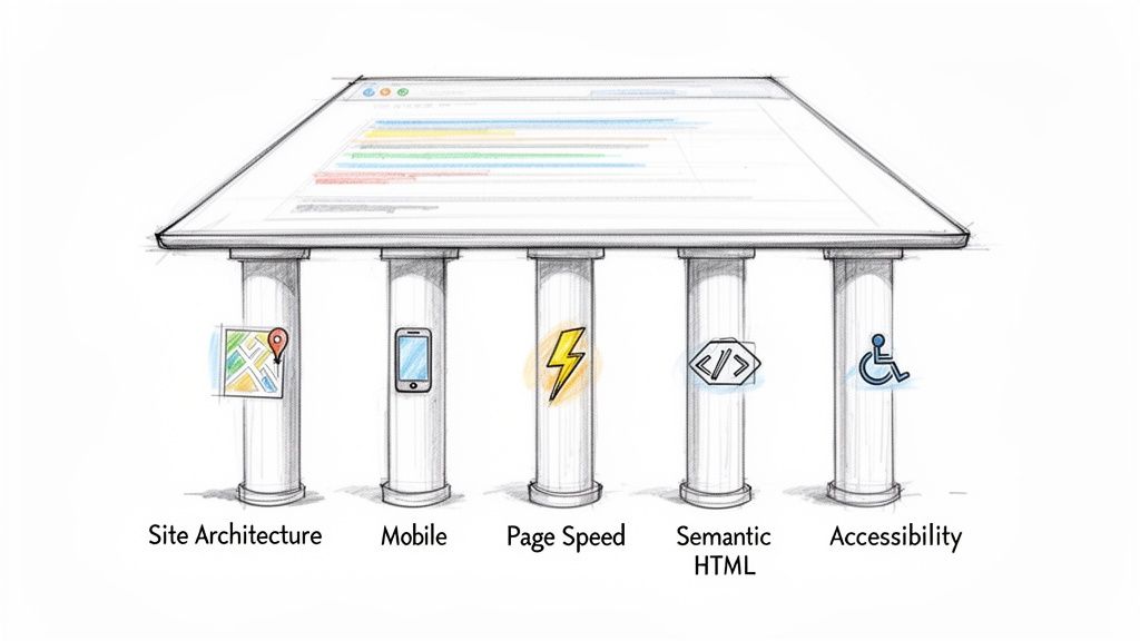 Five pillars representing Site Architecture, Mobile, Page Speed, Semantic HTML, and Accessibility support a web browser.