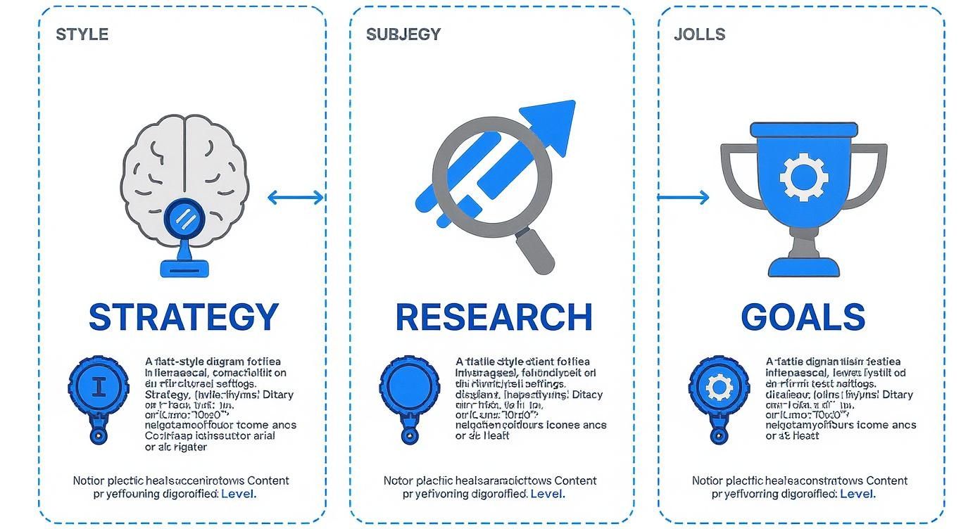 Business infographic showing three pillars: strategy, research, and goals with trophy icons in blue