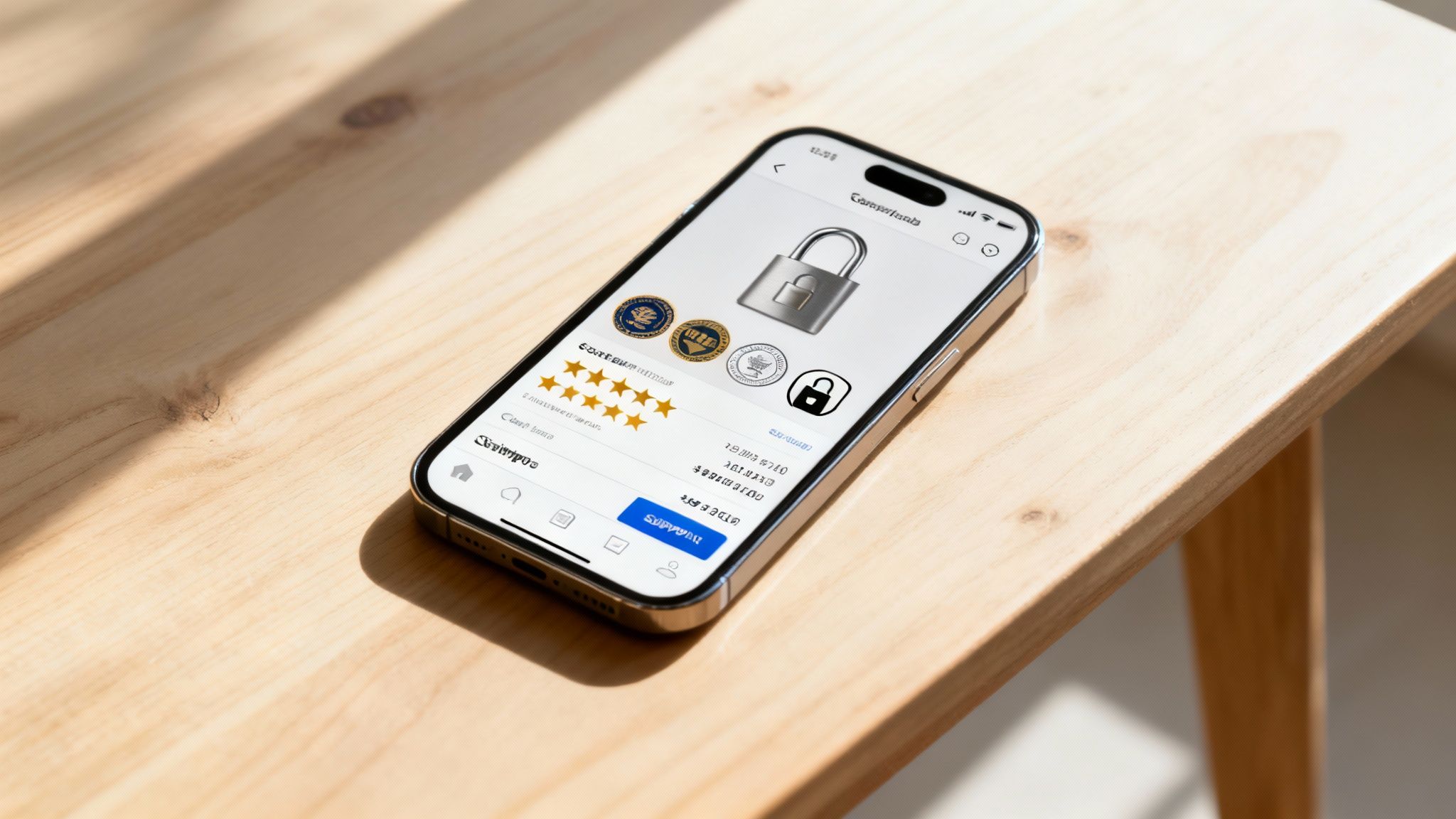 A customer smiling confidently while making an online purchase, with trust symbols like padlocks and review stars visible on the screen.