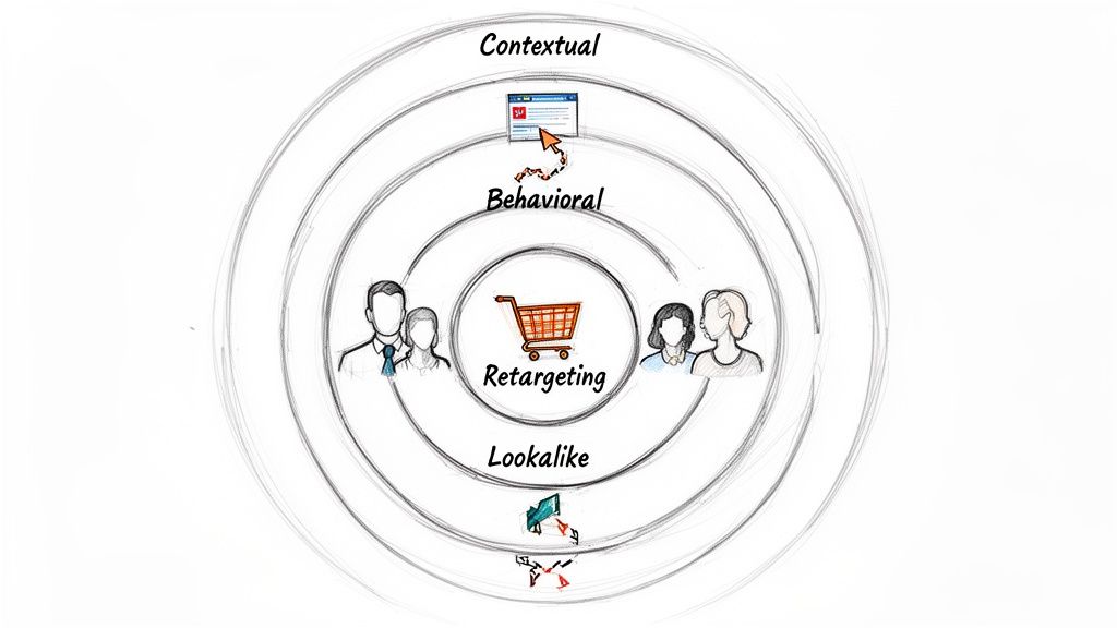 A diagram illustrating display advertising audience targeting strategies: contextual, behavioral, retargeting, and lookalike.