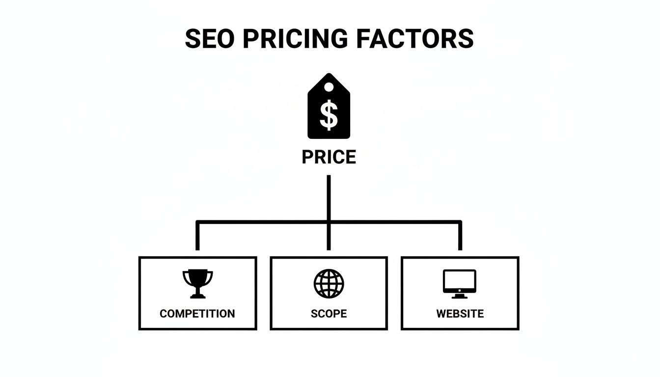 Diagram illustrating SEO pricing factors, showing price influenced by competition, scope, and website.