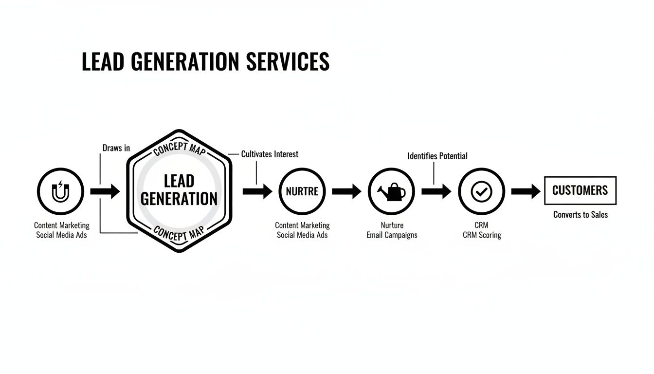 A flowchart detailing lead generation services from content marketing to customer conversion.