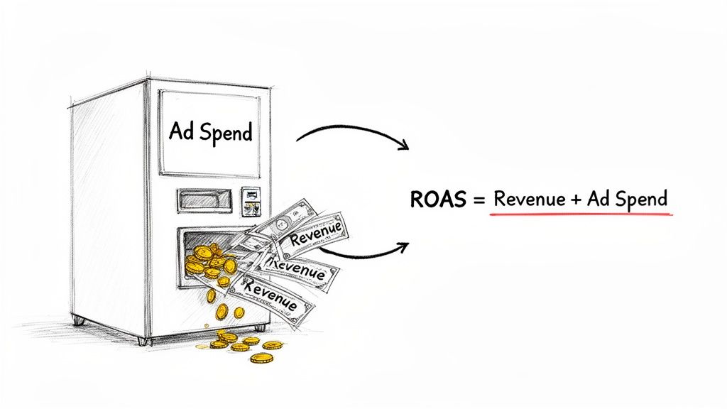 A sketch of a vending machine with 'Ad Spend' text, overflowing with 'Revenue' money, next to a ROAS formula.