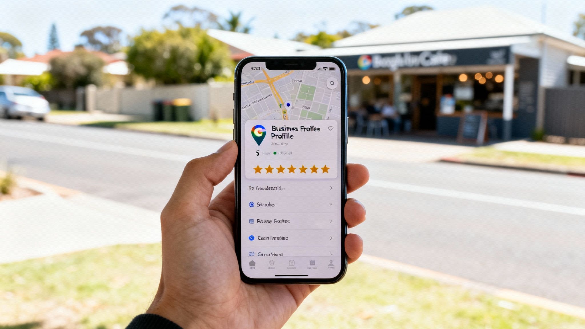Hand holding smartphone displaying a Google Business Profile with a map and 5-star rating for a local cafe.