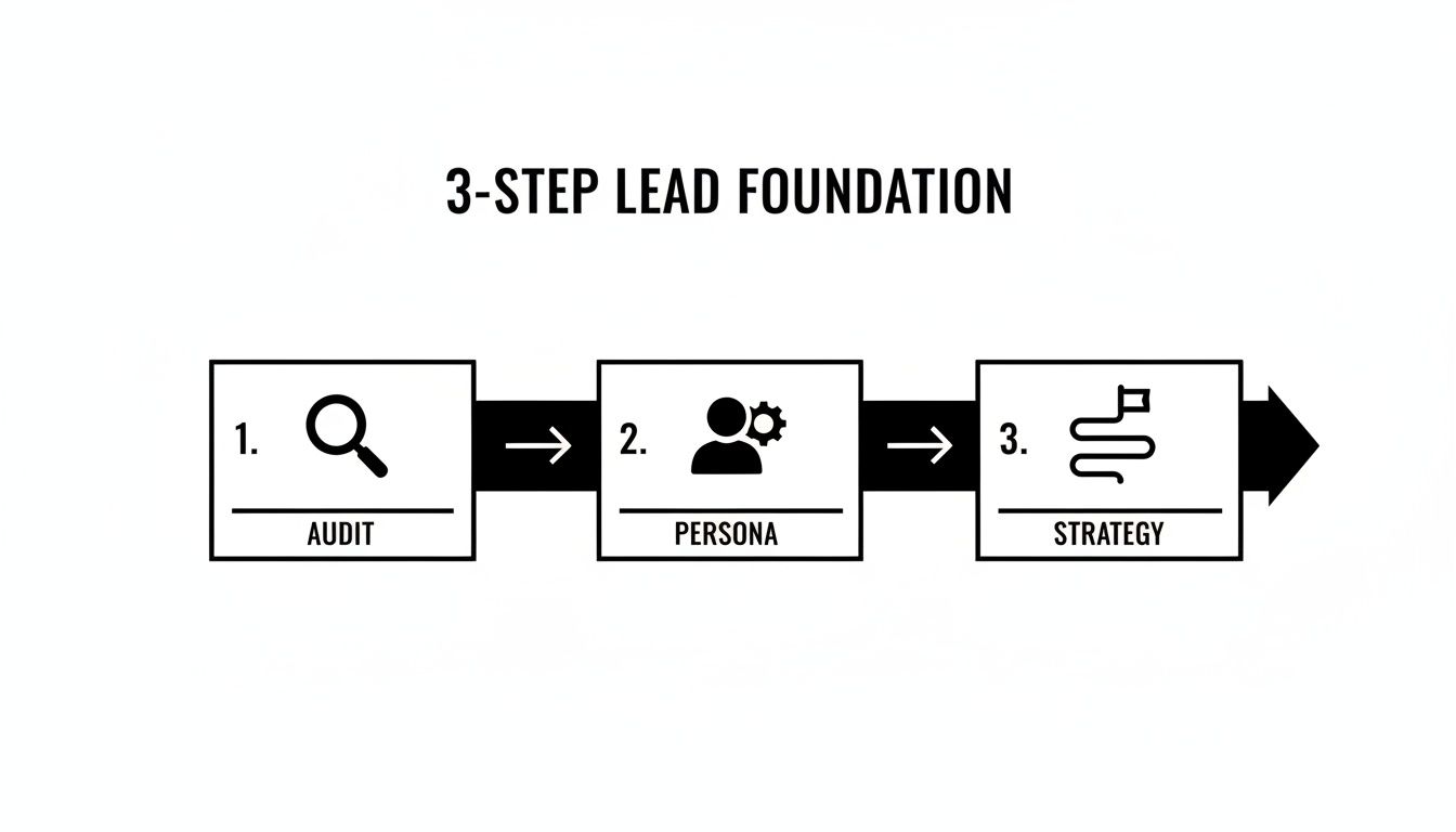 Diagram illustrating a 3-step lead foundation process: Audit, Persona, and Strategy, moving left to right.