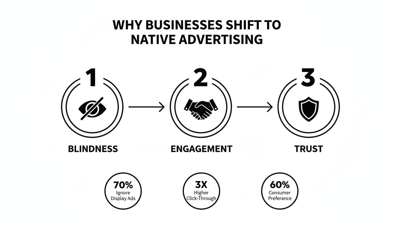 Infographic explains why businesses shift to native advertising, highlighting blindness, engagement, and trust with statistics.