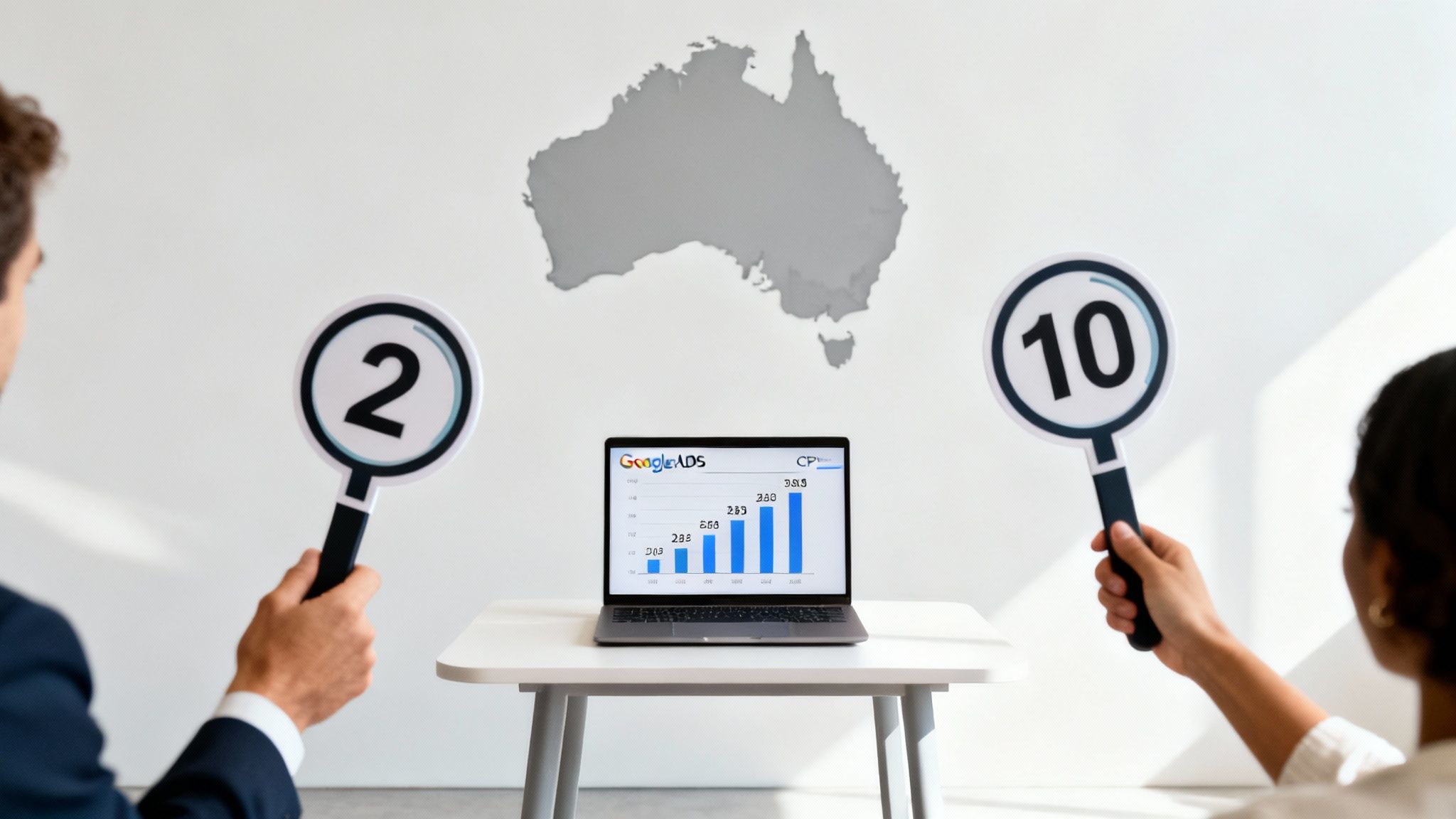 Man and woman comparing Google Ads costs on a laptop with score paddles and an Australia map.