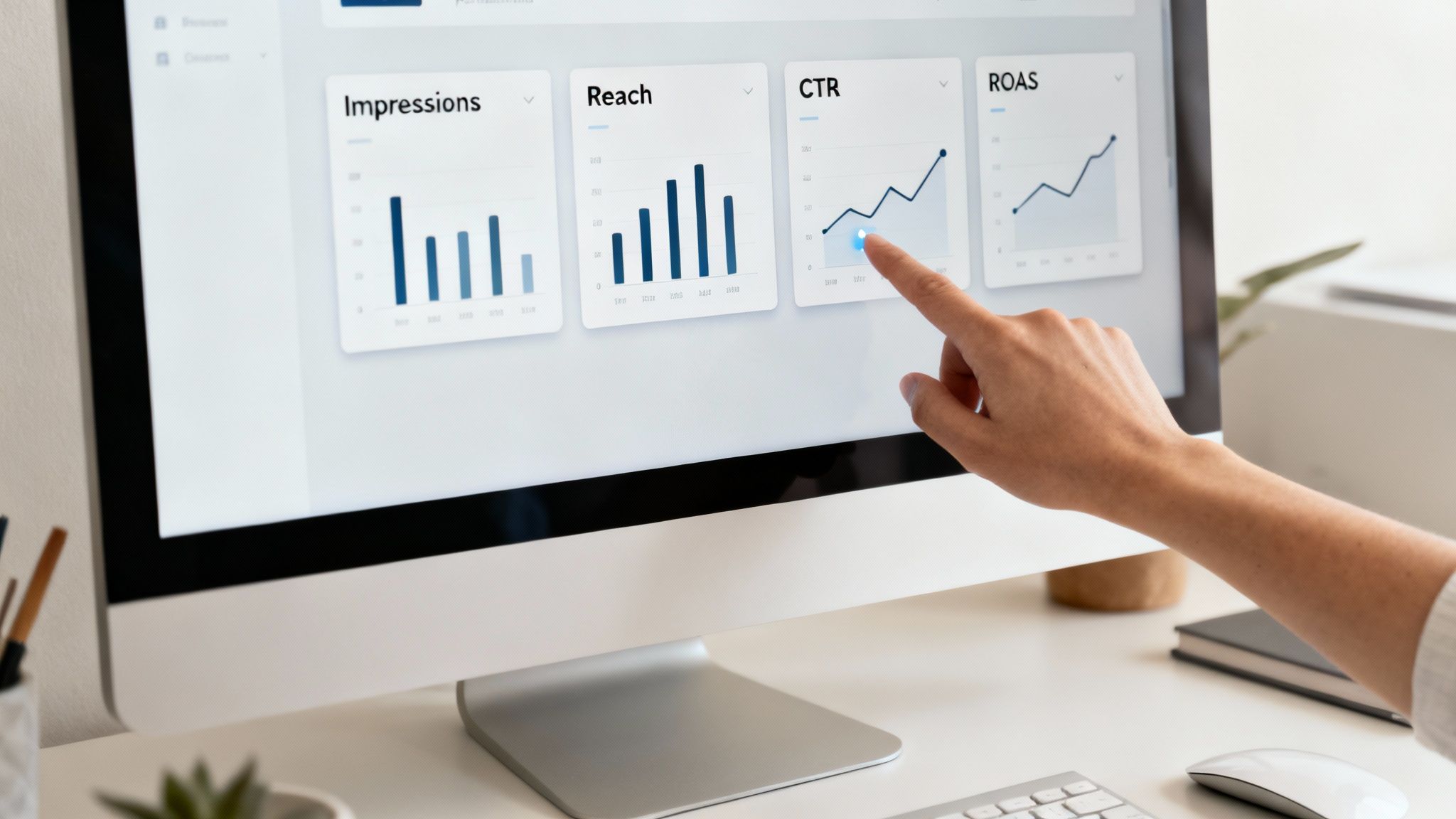 A digital dashboard showing colourful charts and graphs, indicating successful media buying metrics and campaign performance.