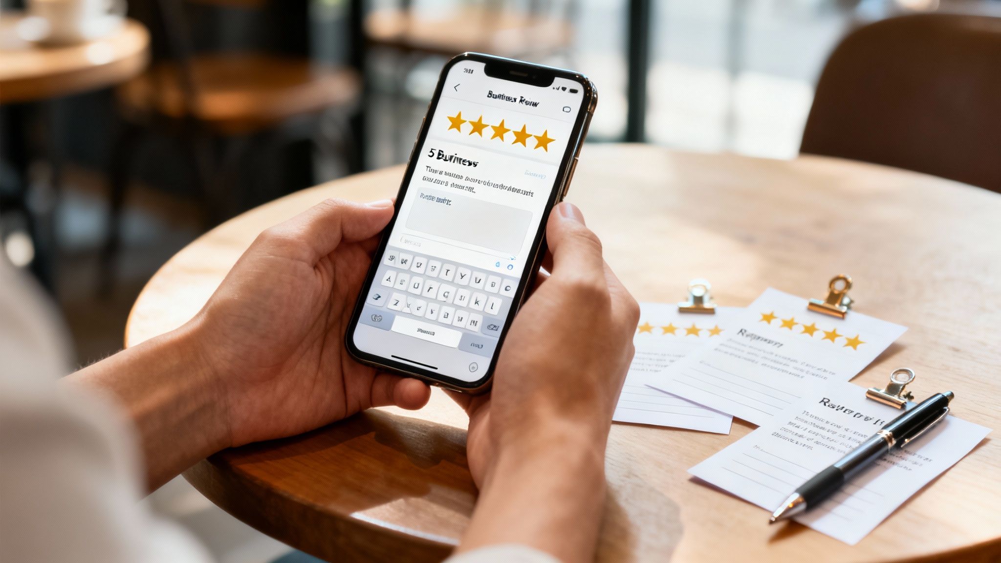 Person holding a smartphone, giving a five-star online review for a business in a cafe setting.