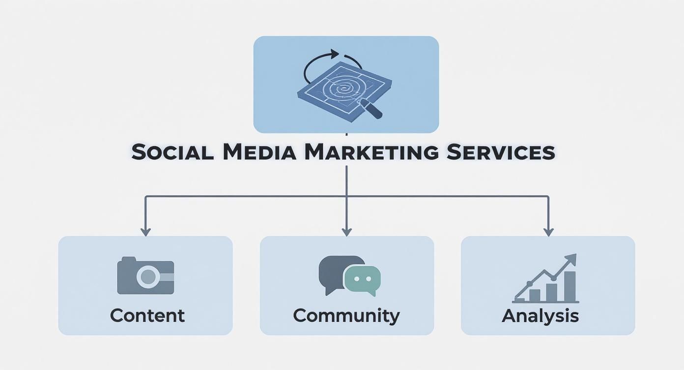 A flowchart outlining social media marketing services with categories for content, community, and analysis.