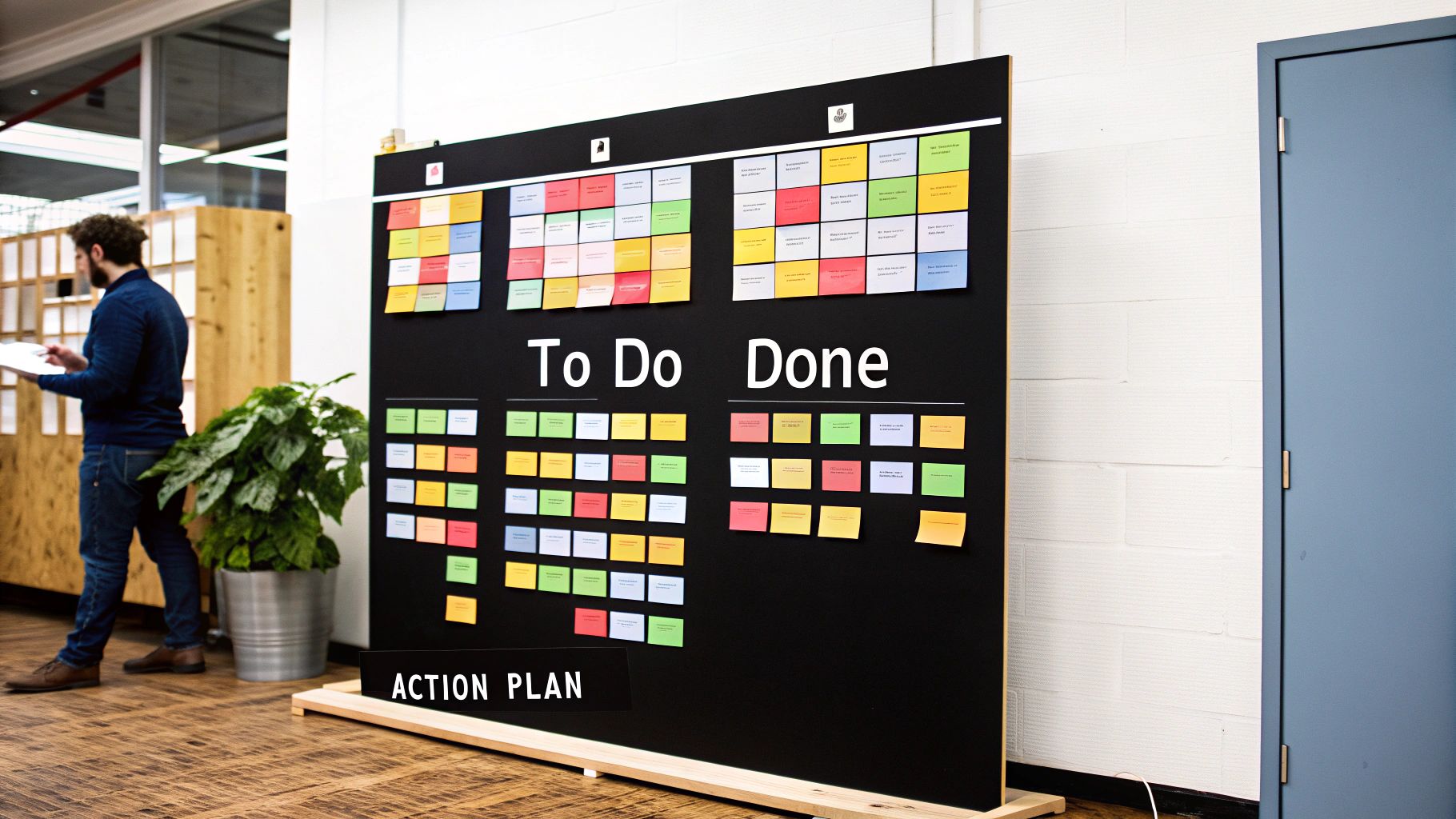 A team collaborates in a modern office, putting a strategic plan into action on a whiteboard.