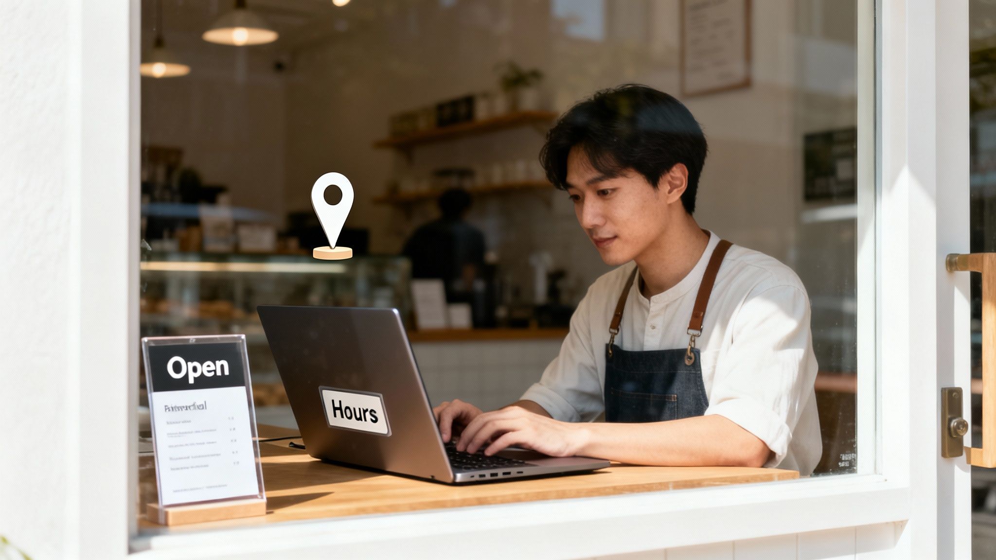 A small business owner using a laptop in their cafe, with an 'Open' sign visible.