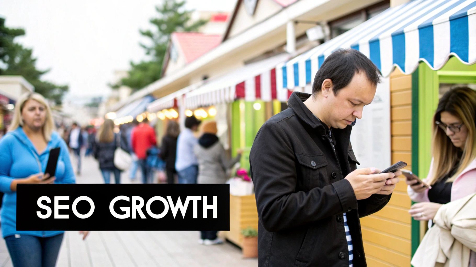 A modern storefront window display showcasing icons for local search, content creation, and site performance, with a text block that reads "SEO Pillars"