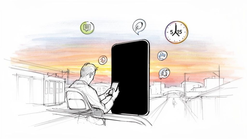 Illustration of a person using a smartphone on a train, surrounded by app icons against a city sunset.