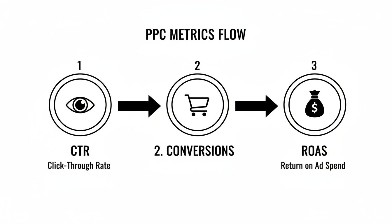 PPC metrics flow diagram illustrating Click-Through Rate, Conversions, and Return on Ad Spend.