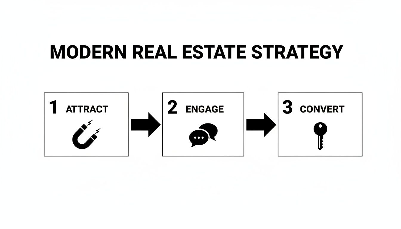 A modern real estate strategy flowchart showing three steps: Attract, Engage, Convert.