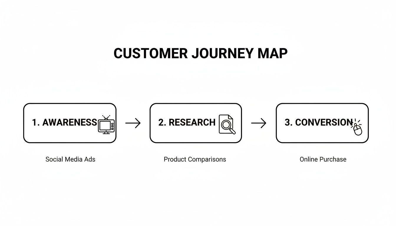 A customer journey map showing awareness, research, and conversion stages with activities.