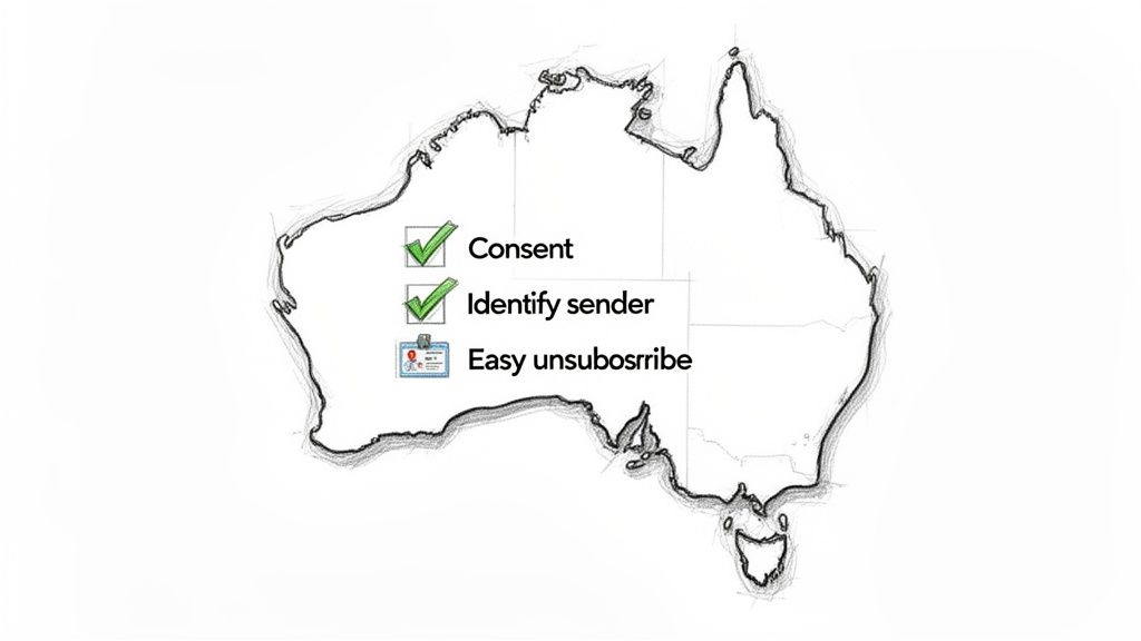 Sketch map of Australia illustrating email marketing rules: Consent, Identify sender, and Easy unsubscribe.