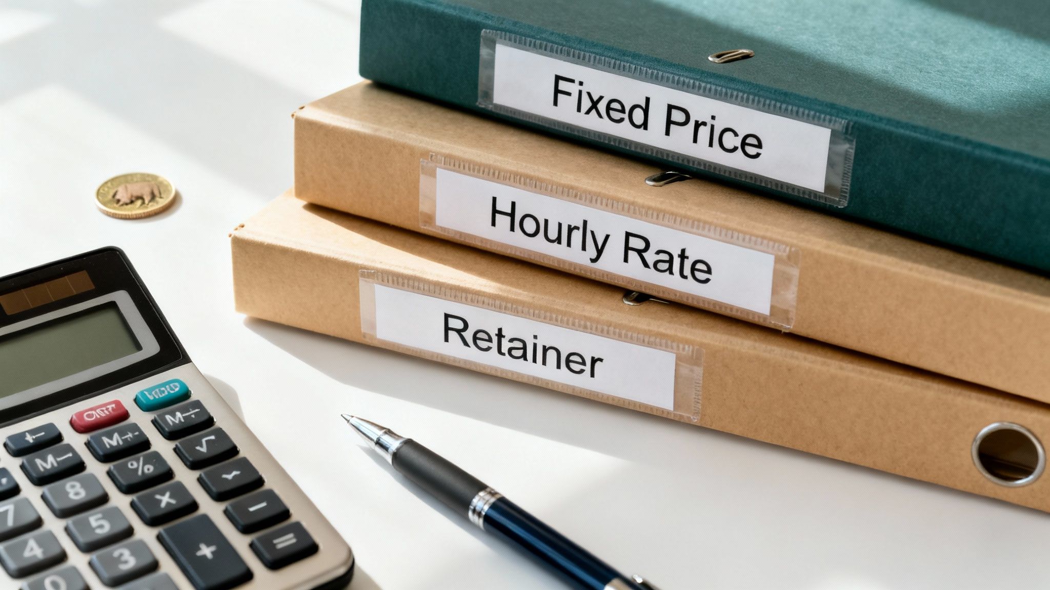Stack of binders labeled Fixed Price, Hourly Rate, and Retainer, with a calculator and pen.