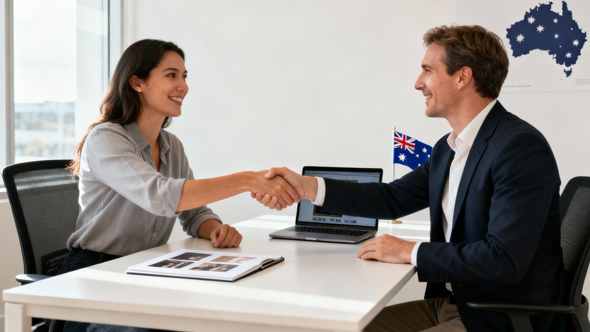 Two smiling business people shake hands across a desk in an office with an Australian flag.