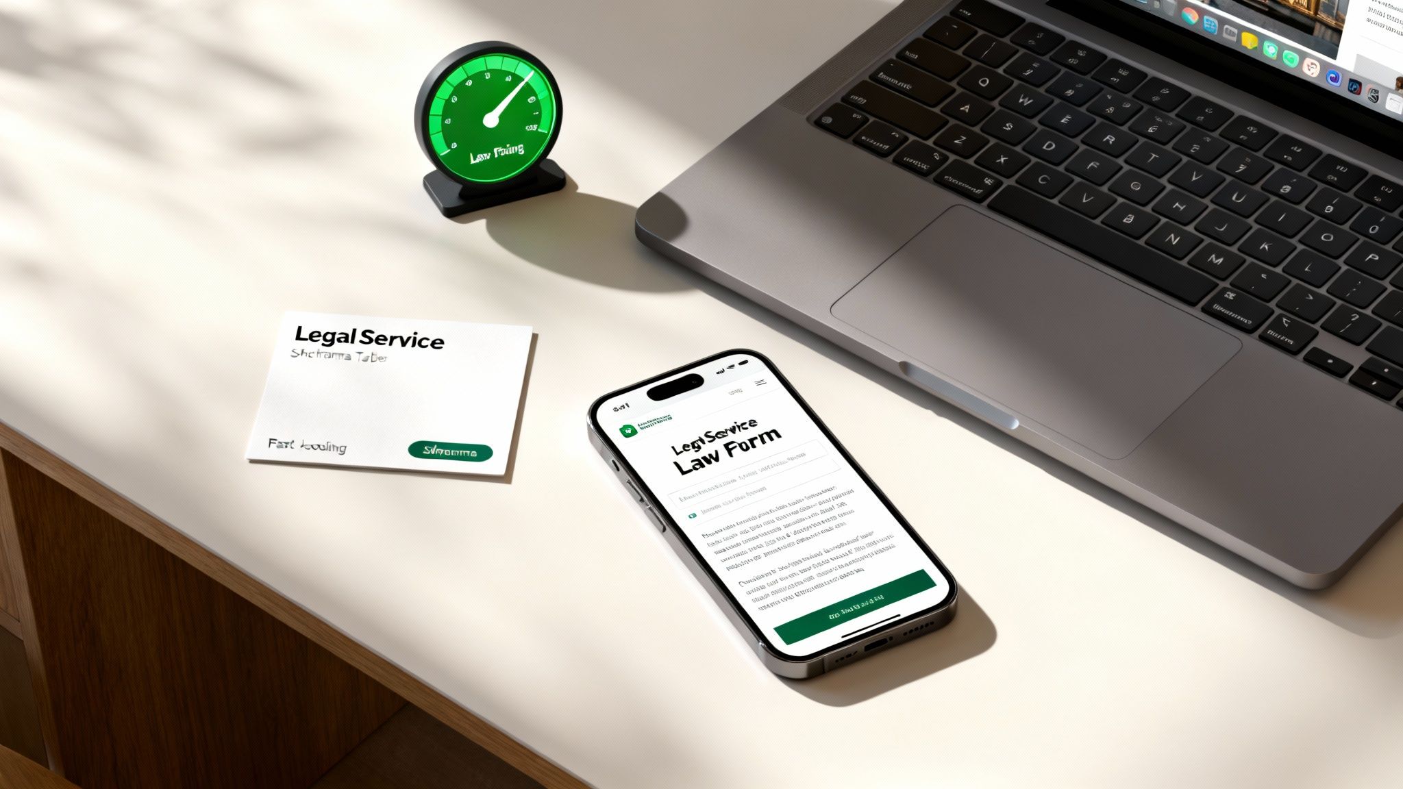 A modern workspace with a laptop, smartphone displaying a legal service form, and a 'Legal Service' card, indicating efficient law filing.