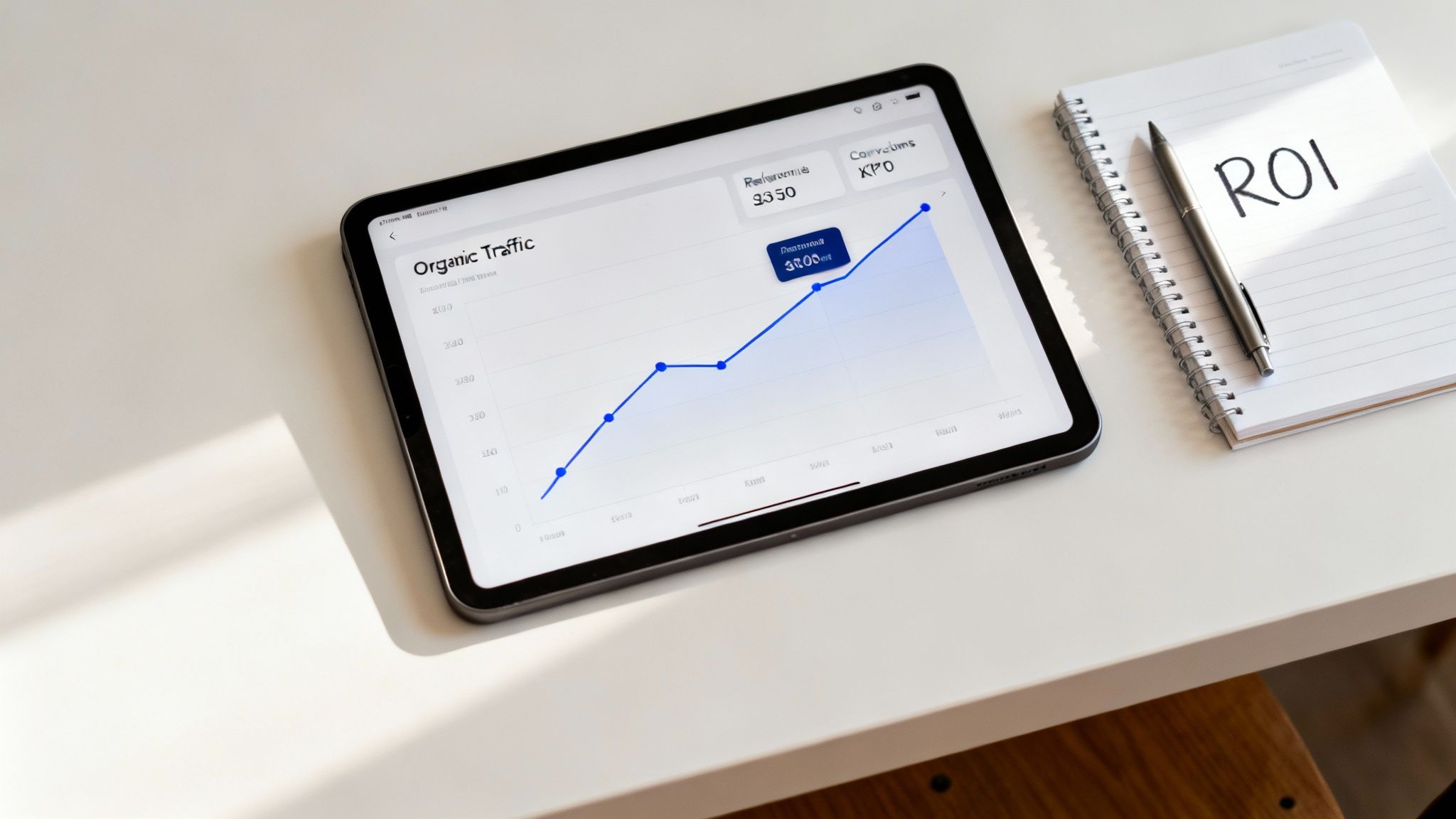 A tablet displays an organic traffic growth graph next to a notebook with 'ROI' written on it.