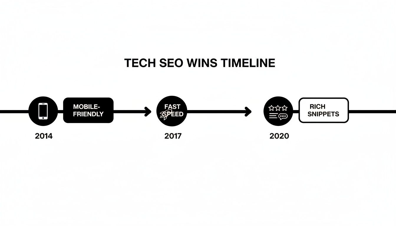 Tech SEO wins timeline showcasing mobile-friendly (2014), fast speed (2017), and rich snippets (2020).