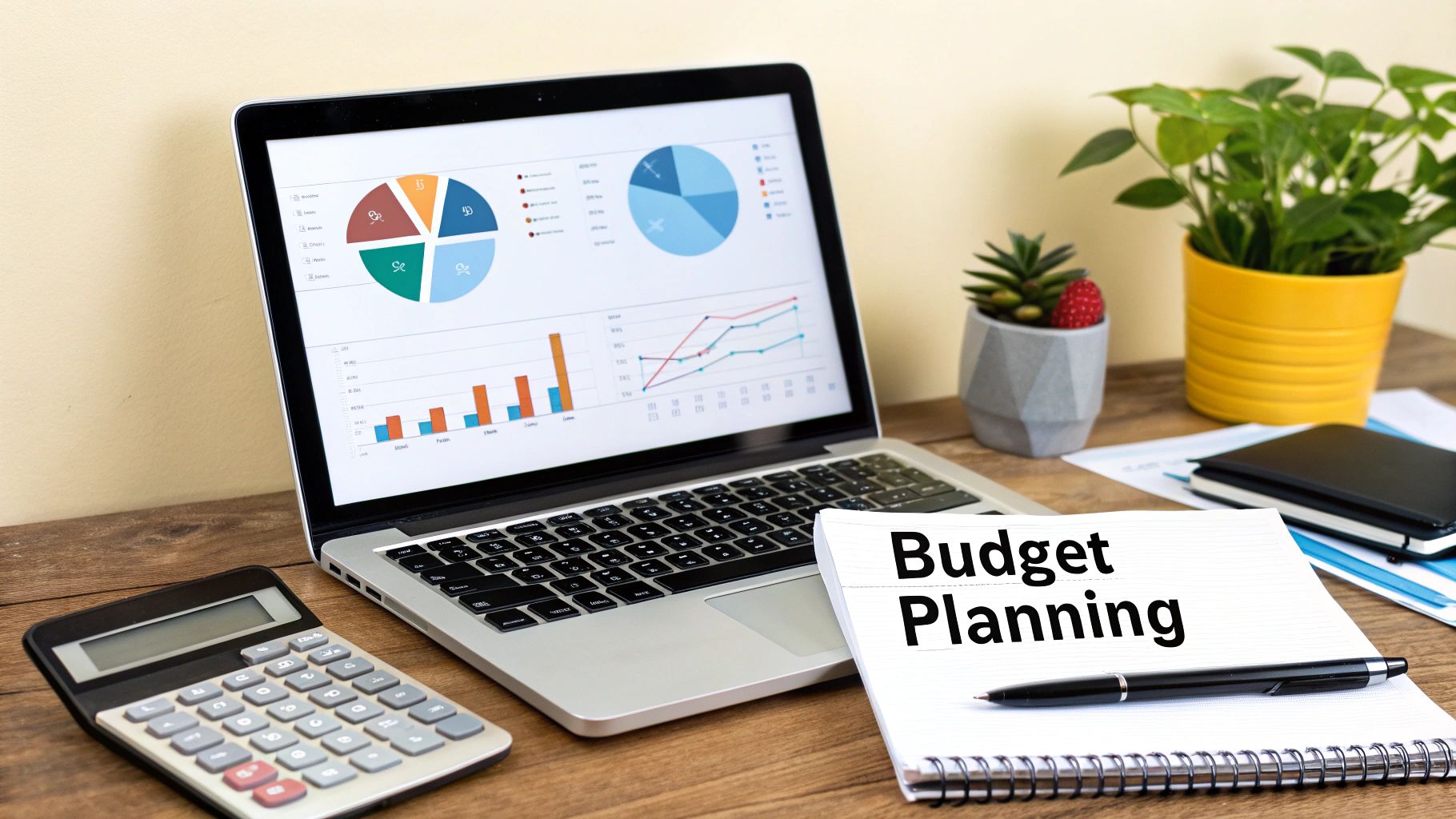 A person using a calculator with charts and graphs in the background, symbolising budget planning for a Google Ads campaign.