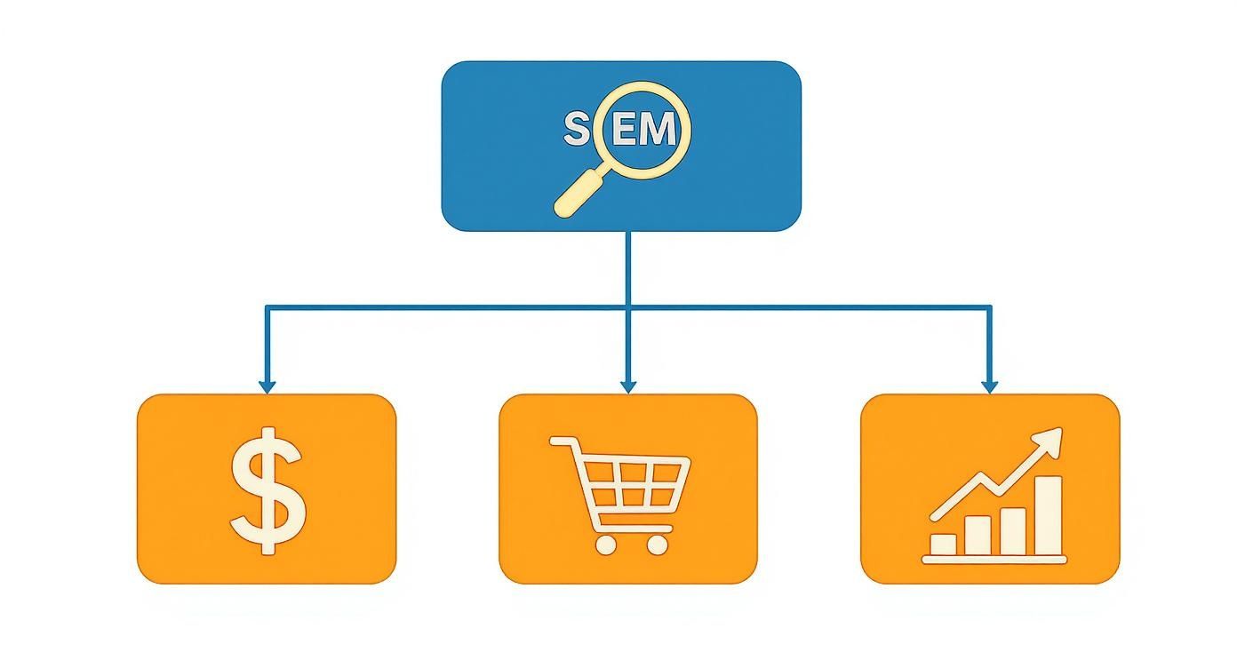 Diagram illustrates Search Engine Marketing (SEM) leading to money, e-commerce, and business growth.