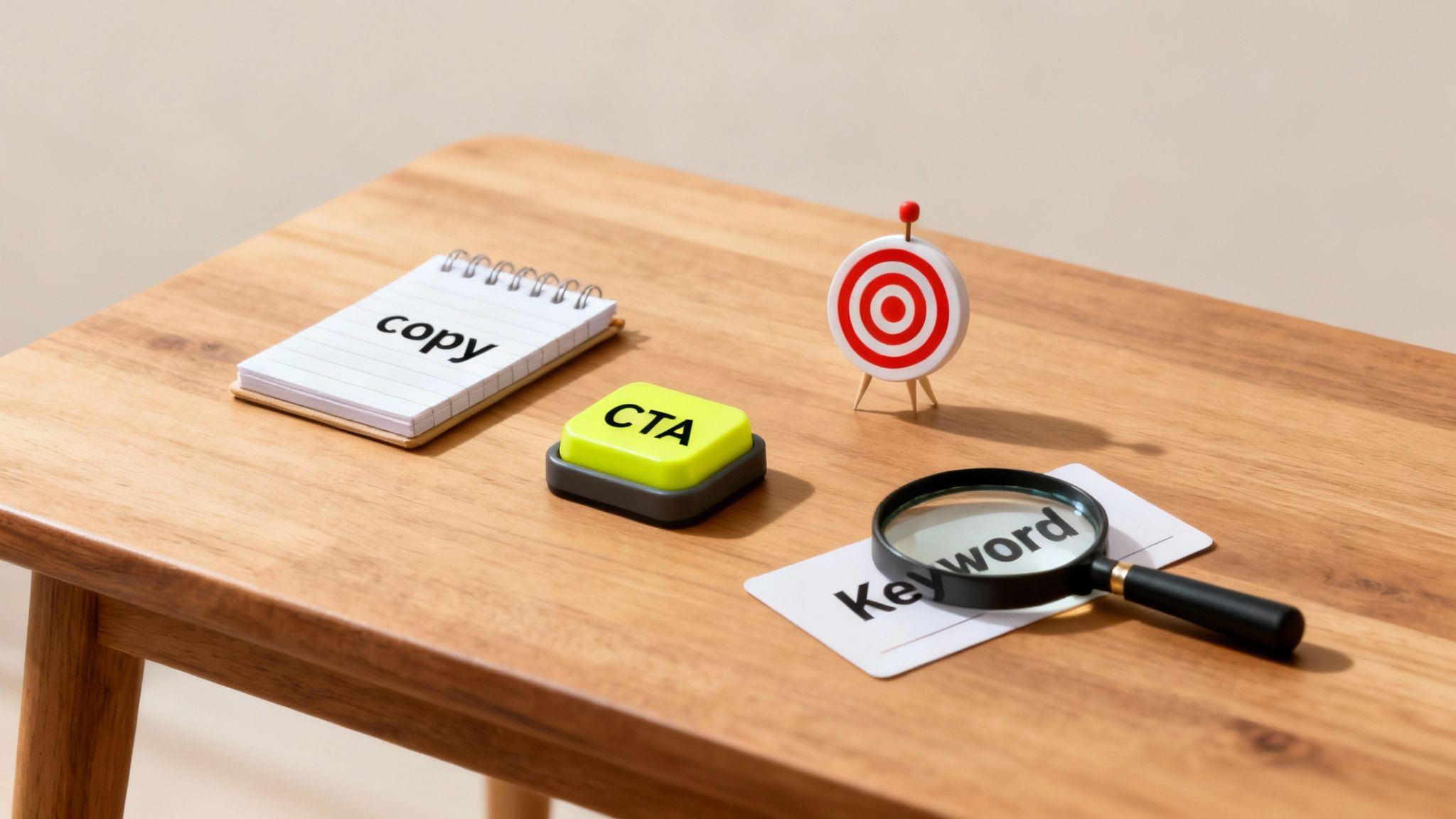 Marketing concept with copy notepad, CTA button, keyword research, and target on wooden desk