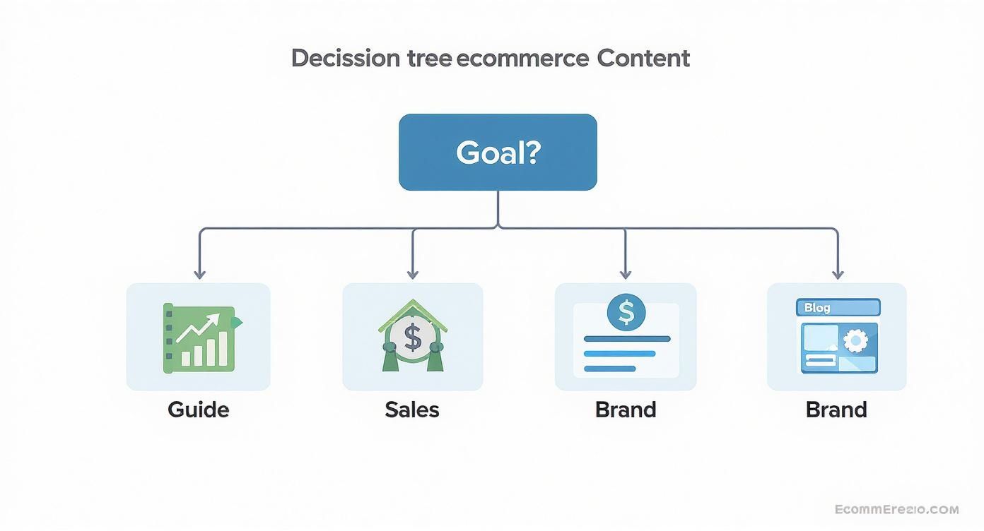 Decision tree diagram showing ecommerce content strategy branching into guide, sales, and brand goals