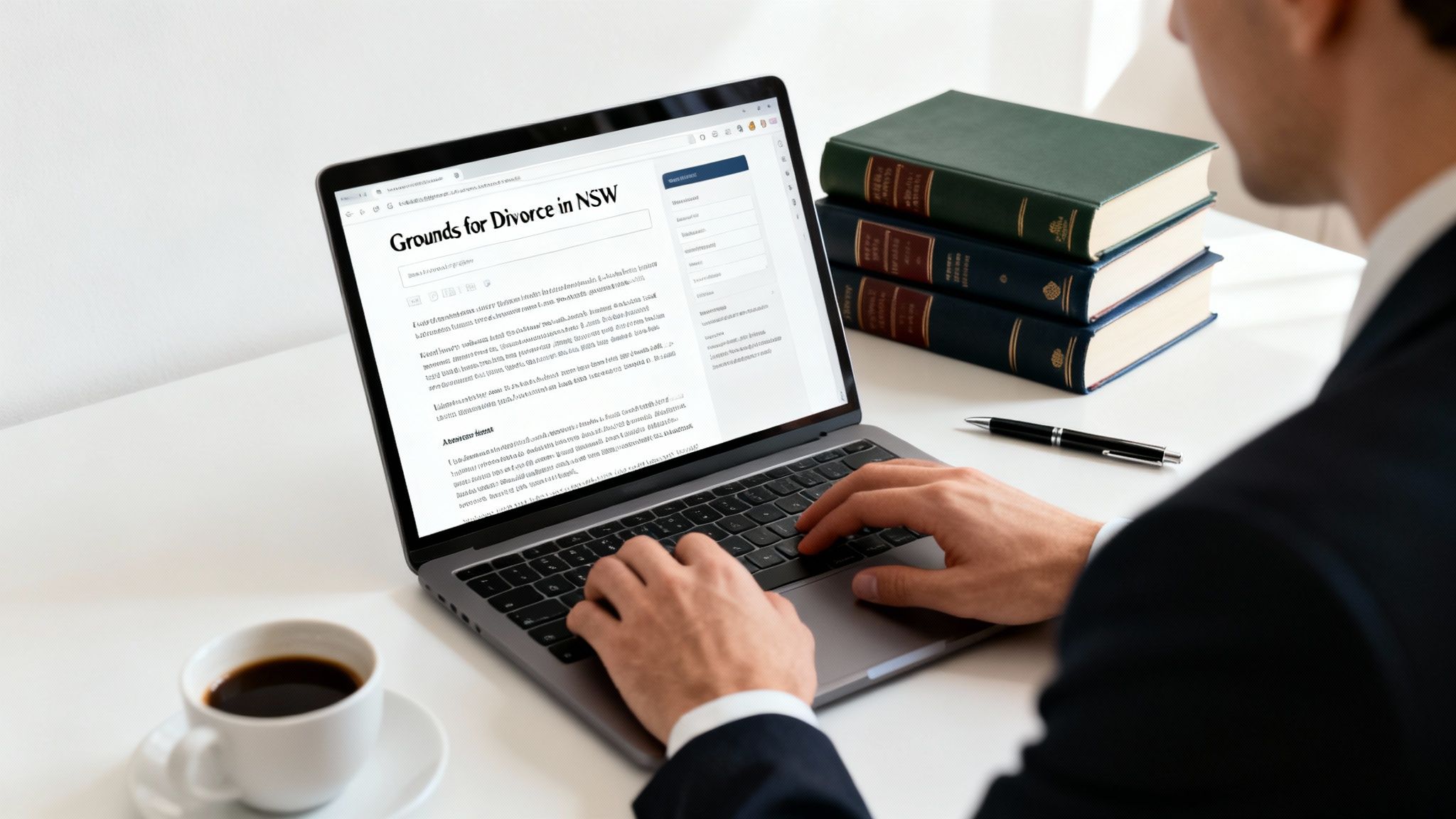 A person types on a laptop showing 'Grounds for Divorce in NSW' on screen, with law books and coffee.