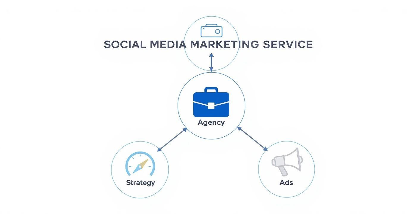 Diagram showing an agency providing social media marketing services, including strategy and ads.