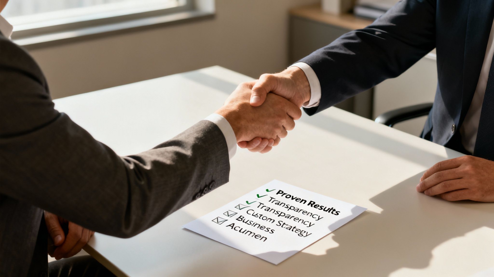 Two businessmen shaking hands across a table with a checklist of proven business strategies.