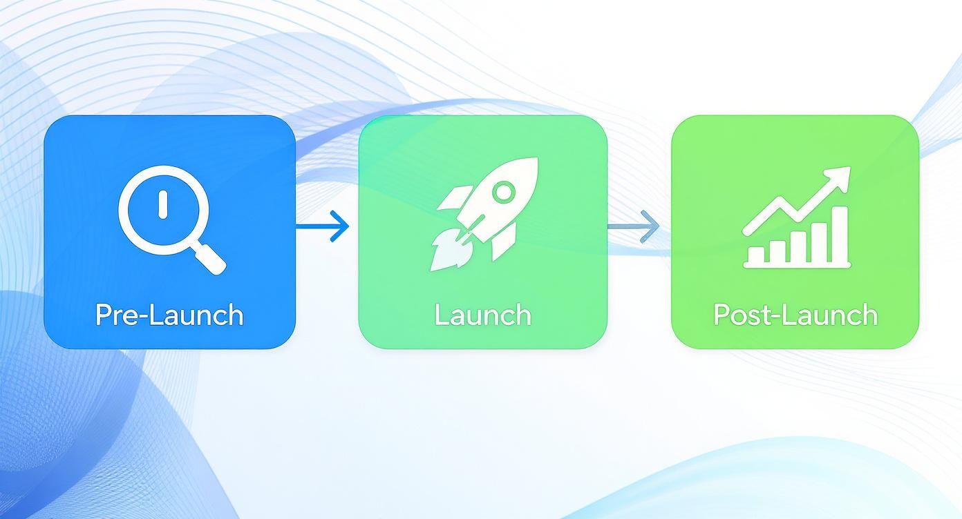 Infographic showing the three phases of the media buying process Pre-Launch, Launch, and Post-Launch with relevant icons.