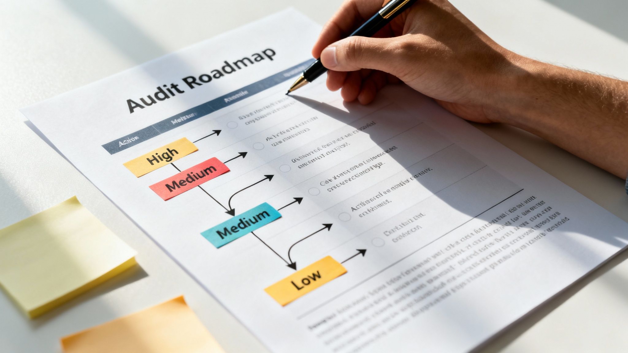 A person's hand with a pen reviewing an 'Audit Roadmap' document outlining priorities.