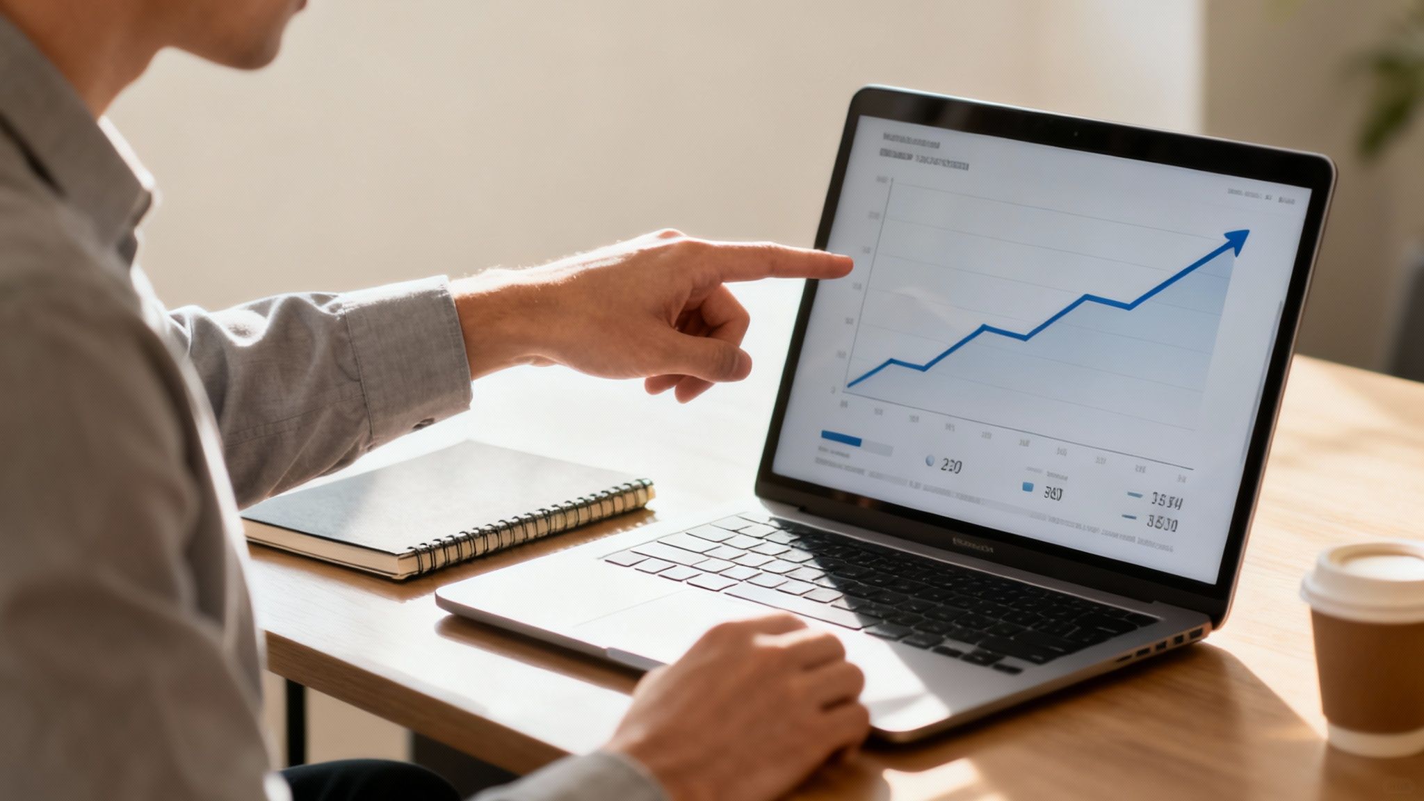 A person's hand points at a laptop screen displaying a blue upward-trending growth chart, showing business success.