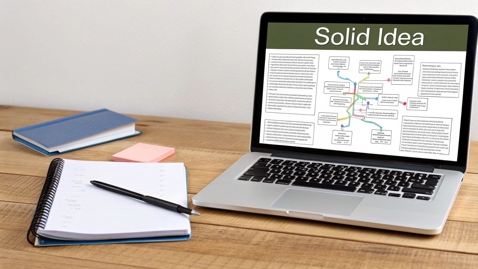 A person sketching business ideas and plans on a notepad at a desk with a laptop