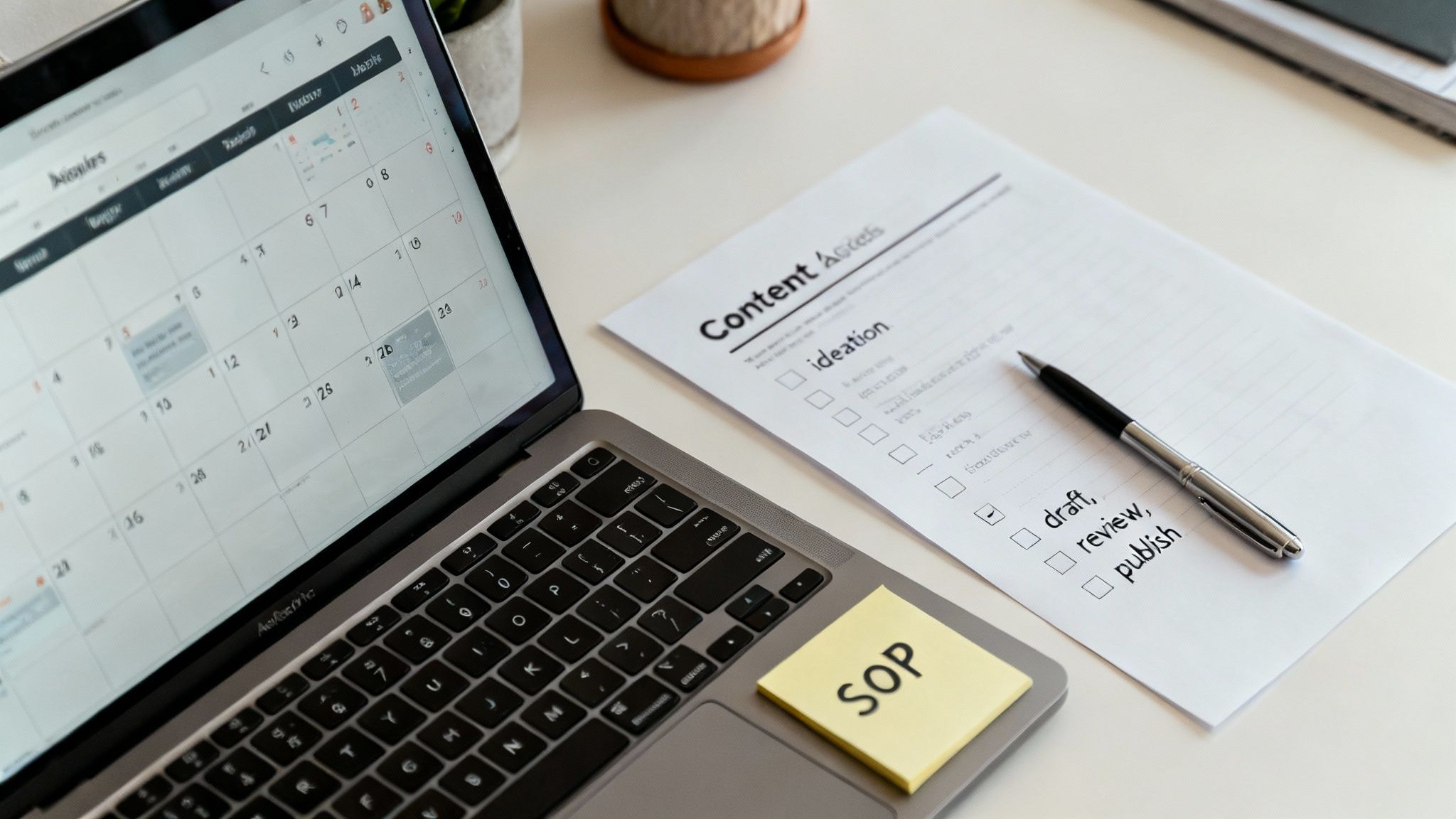 Content planning workspace with laptop calendar, workflow checklist, SOP note, and pen on desk