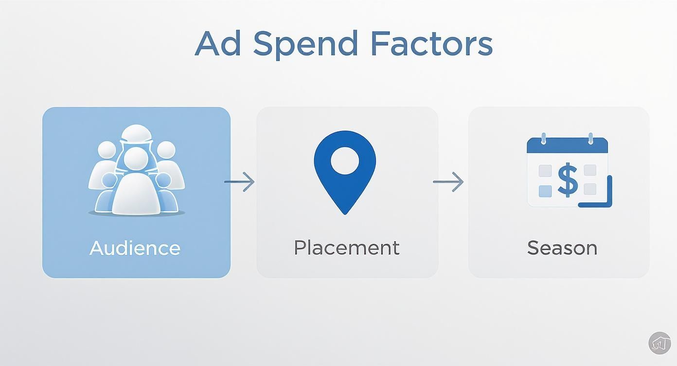 Infographic showing how audience, ad placement, and seasonality affect Facebook ad costs.