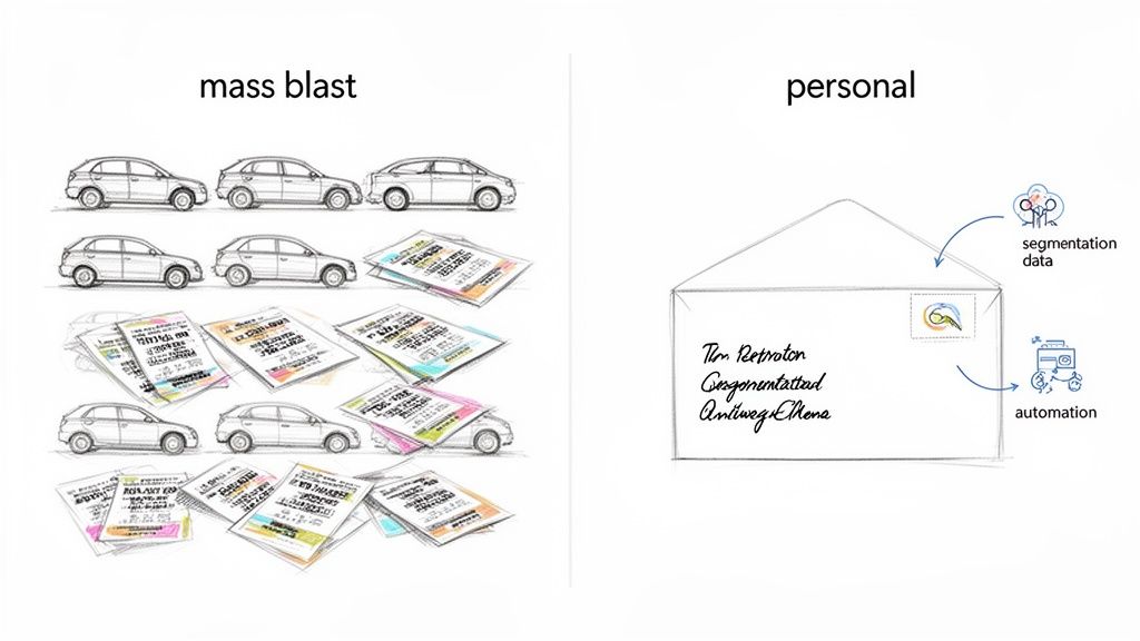 Visual comparing mass blast marketing with generic ads to personalized marketing driven by segmentation data and automation.
