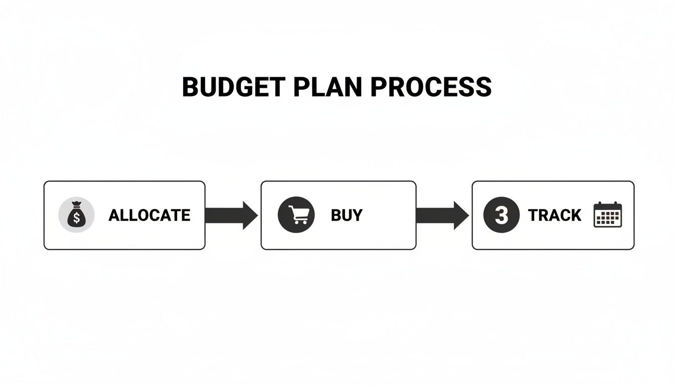 A simple flowchart illustrating the budget plan process, including steps to allocate, buy, and track finances.