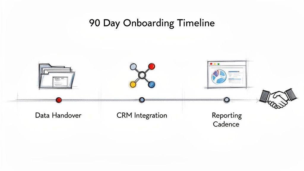 A 90-day onboarding timeline illustrating data handover, CRM integration, and reporting cadence milestones.